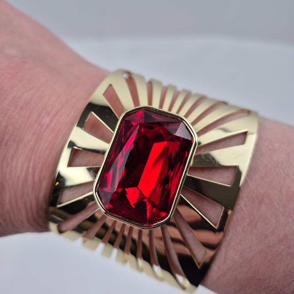Heidi Daus Sunray Goldtone Octagonal Stone Cuff Bracelet Red Art Deco Style NWOT